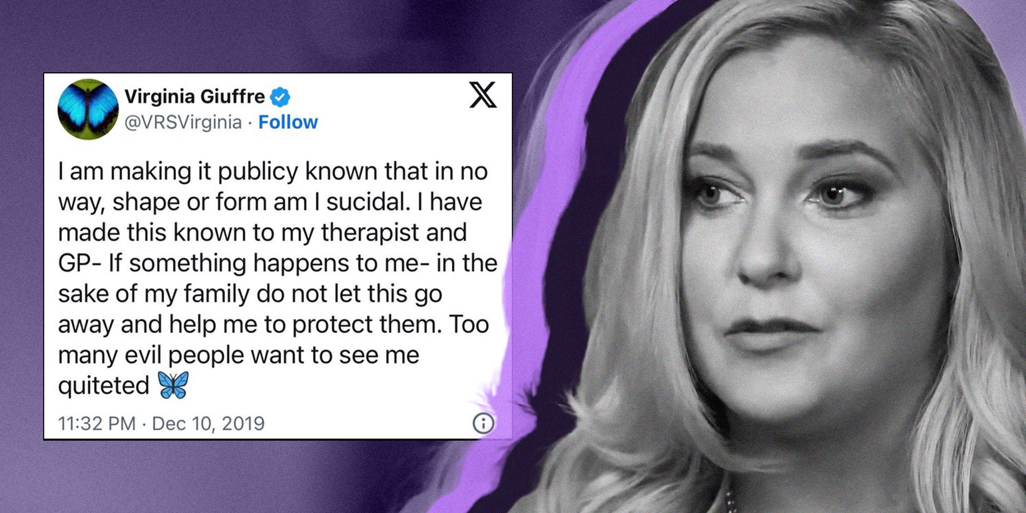 Virginia Giuffre in black and white with X Tweet