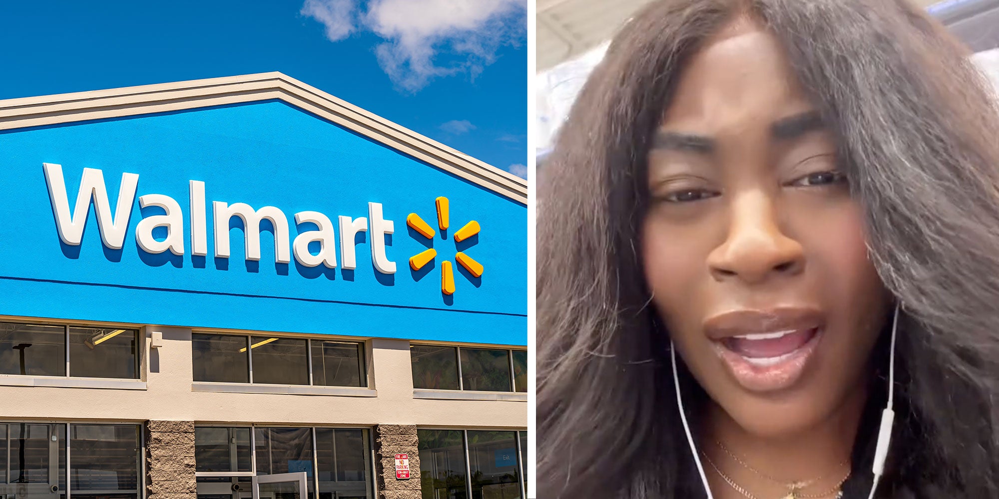 2 image split. Wallmart store, woman