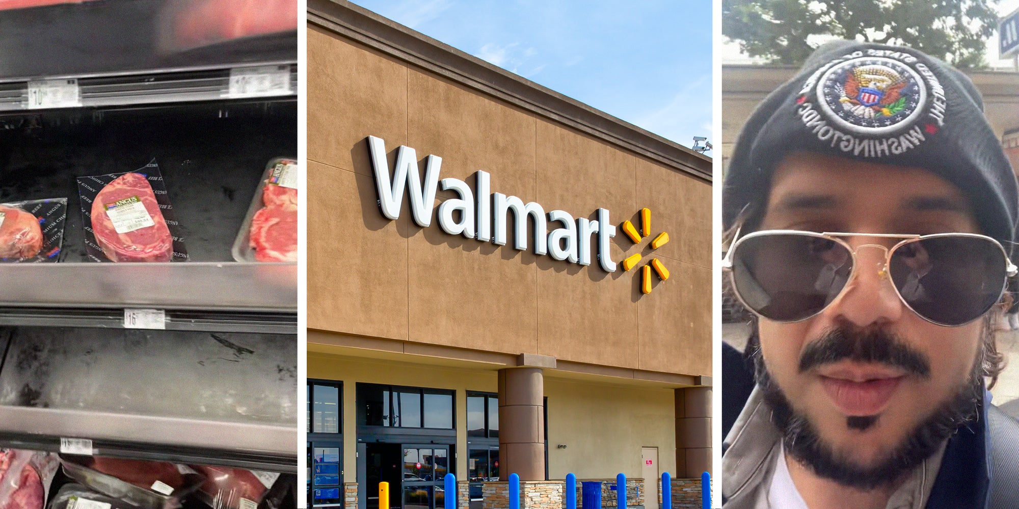 Angus Meat on Store Display Refrigerator(l) Walmart Store Front(c) Man wearing aviator sun glasses and beanie(r)