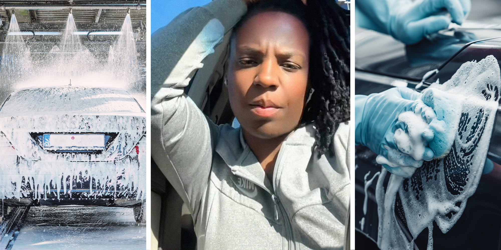 detail view on car wash, car wash foam water, Automatic car wash in action(l) Woman shares she washes her car twice a day(c) cropped view of car cleaner washing car with sponge and detergent(r)
