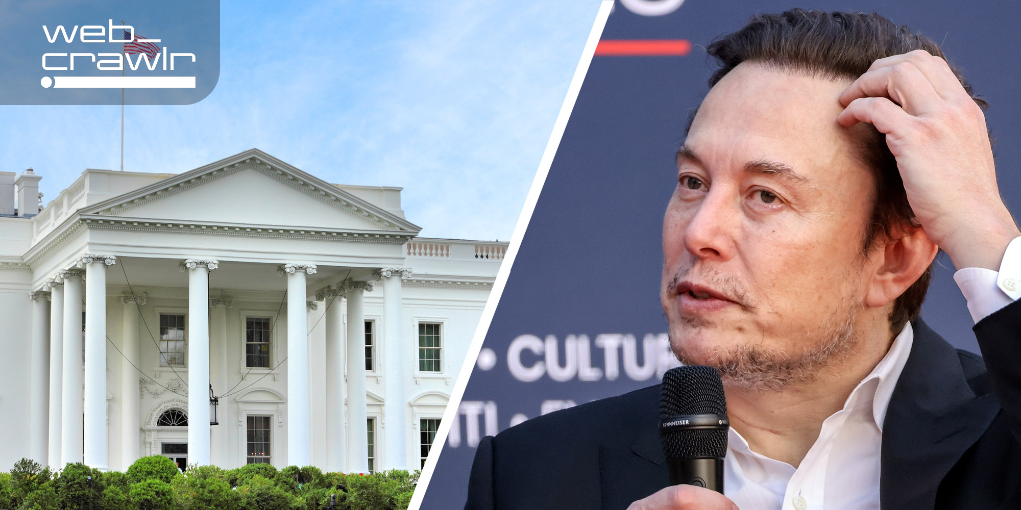 The White House and Elon Musk. The Daily Dot newsletter web_crawlr logo is in the top left corner.