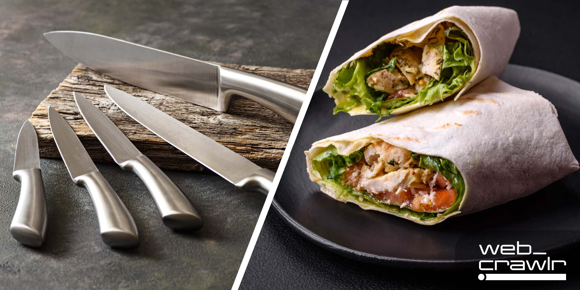A series of knives next to a chicken wrap. The Daily Dot newsletter web_crawlr logo is in the bottom right corner.