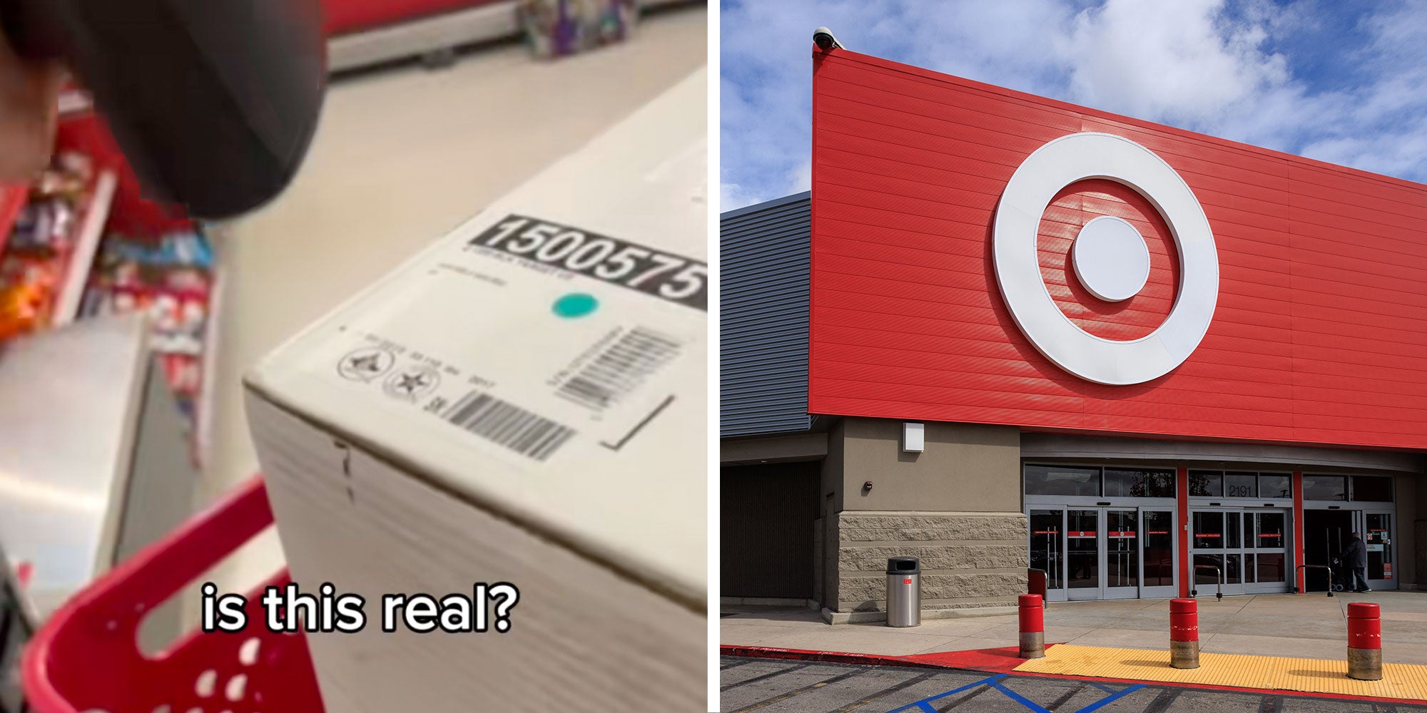 Screenshot from Tiktok user @sam.hustles of a Target shopping cart with a Weber Grill with the caption 'Is This real?'; Photo of a Target exterior.