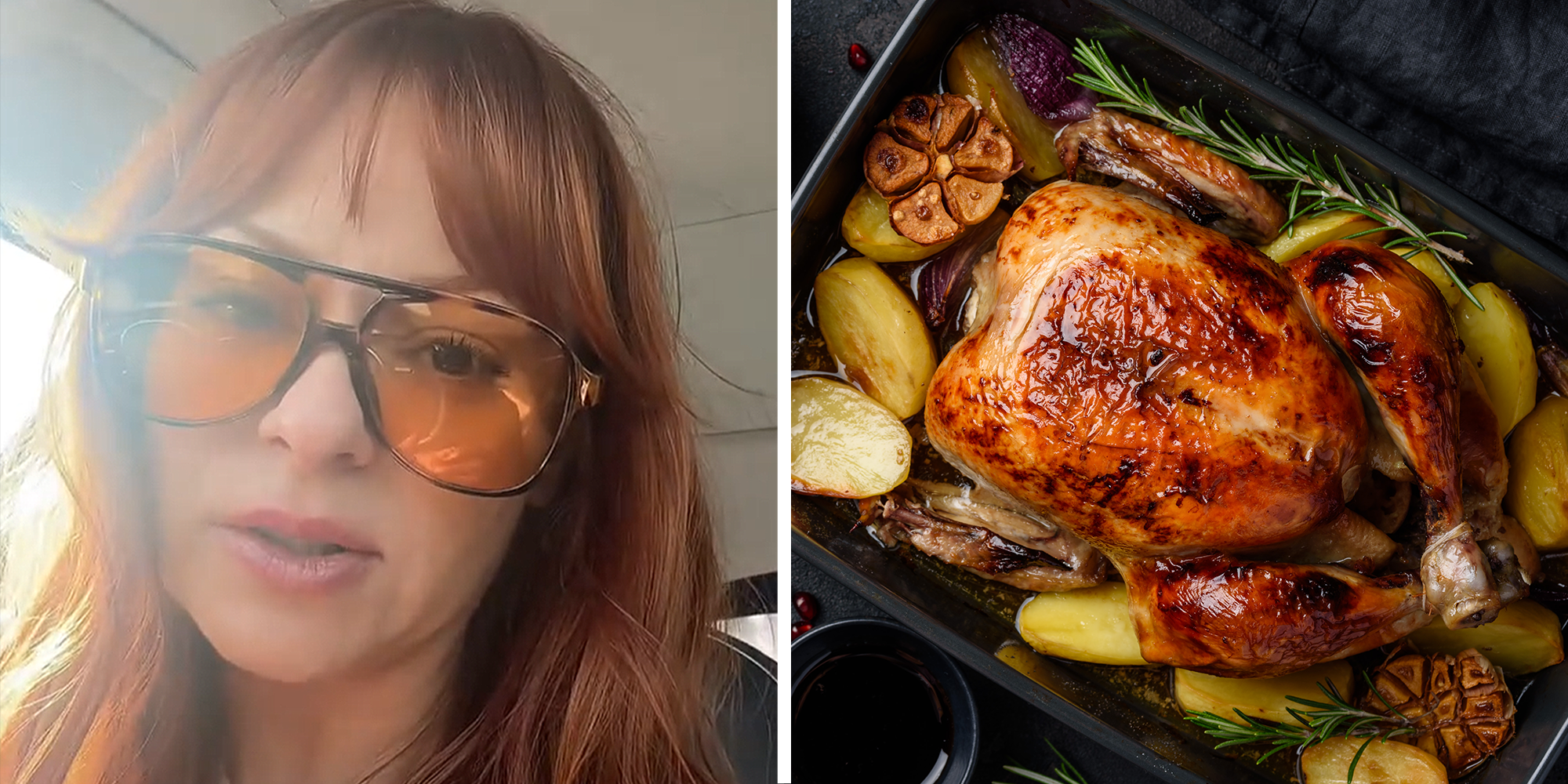 2 image split. Woman in car on left. Roasted chicken on right.