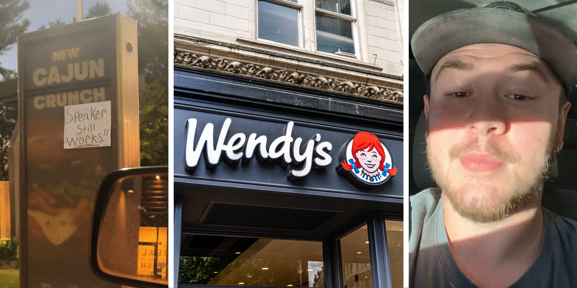 Wendy's Sign that says Speakers work(l) Wendy's Logo on building front(c) Man shares experience through tiktok platform(r)