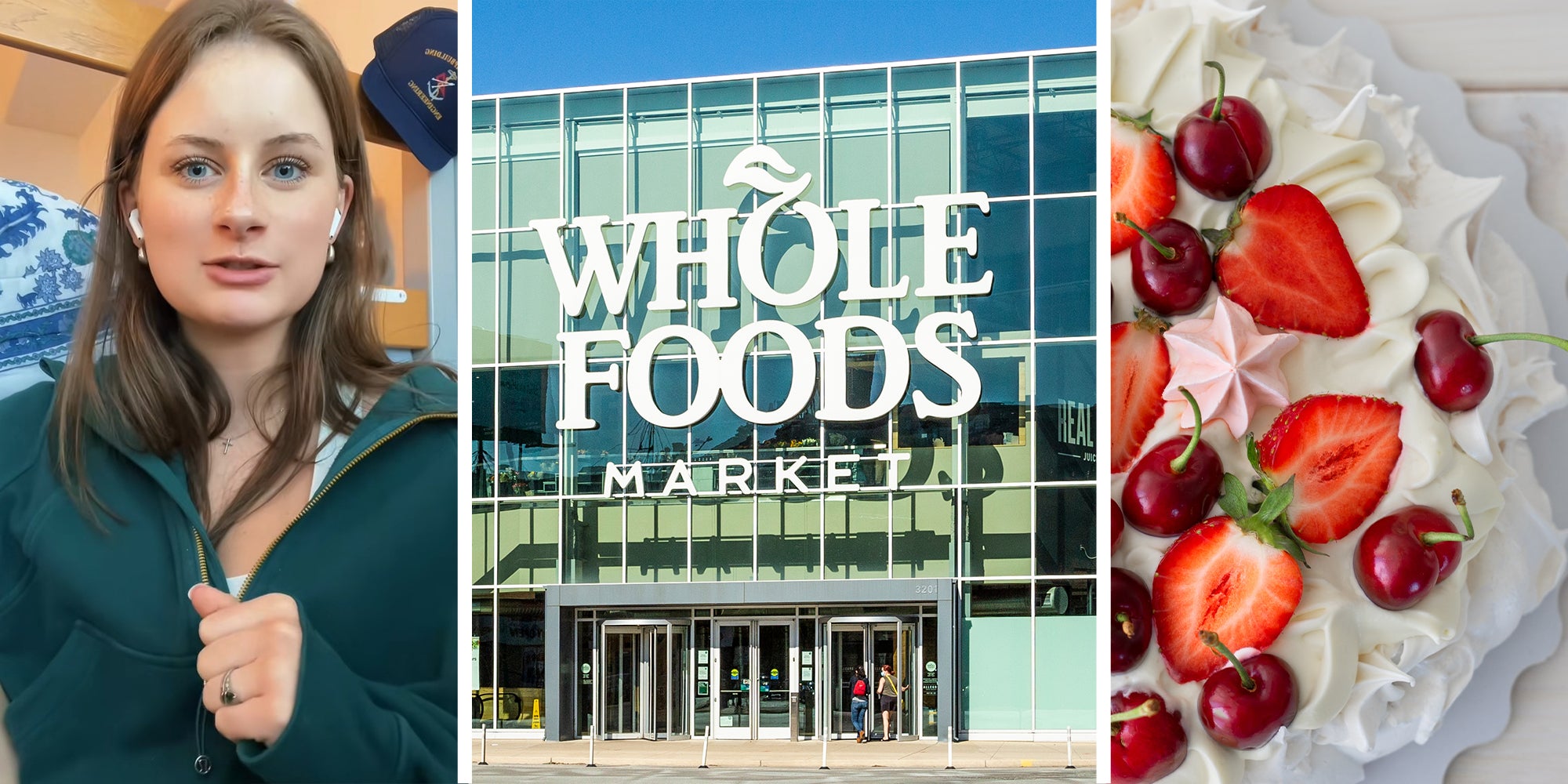 woman shares what she bought at wholefoods(l) Wholefoods Market Store Front(c) Berry Cake(r)