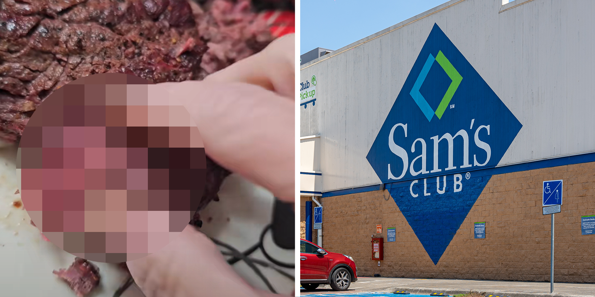 2 image split. Blurred circle on meat on left. Sam's Club building on right.