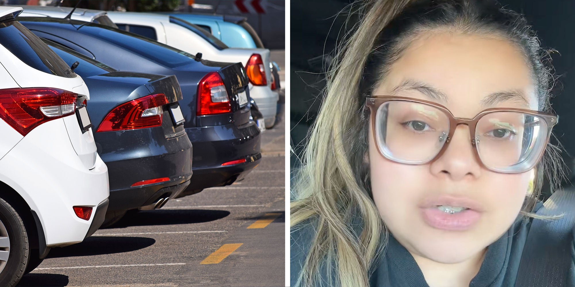 2 image split. Cars in parking lot, woman