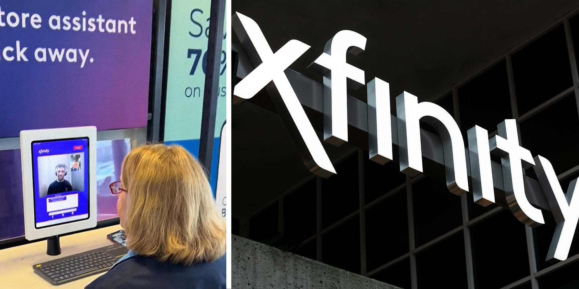 2 image split. Woman talking to remote assistant at store on left. Xfinity sign on right.