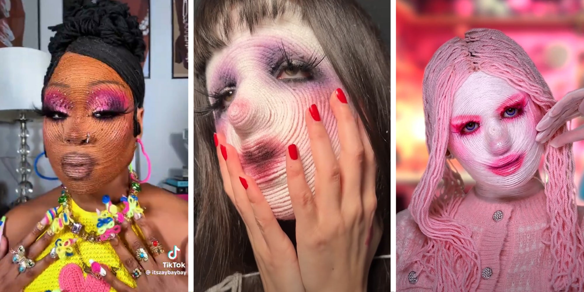 3 panel image of people with yarn makeup applied.