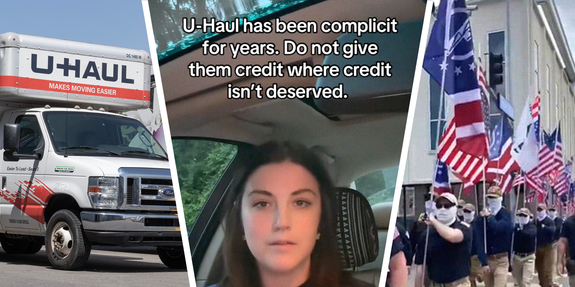 3 panel image showing U-haul truck controversy.