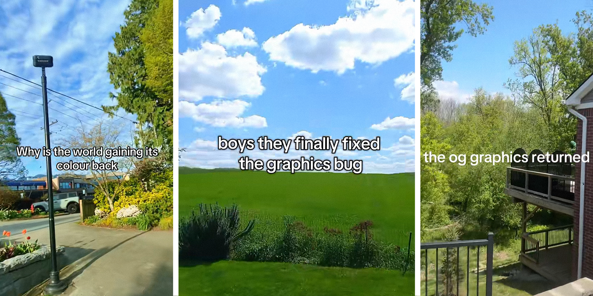 Outdoor image of sky and trees with caption that reads: 'why is the world gaining its color back' on left. Image of bright cloudy sky and green hill with caption that reads: 'boys they finally fixed the graphics bug' in center. Image of trees and blue sky with caption that reads: 'the OG graphics returned' on right.