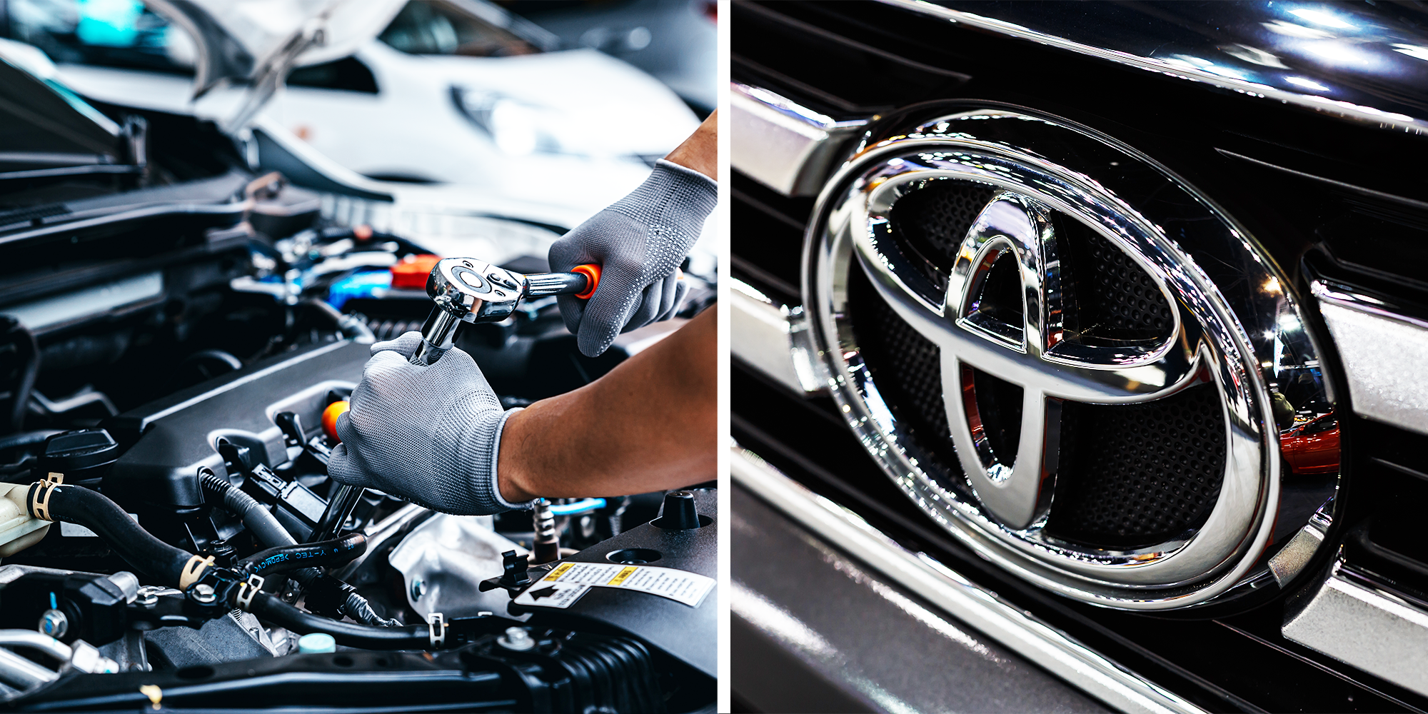 2 panel image, mechanic working on car and Toyota logo
