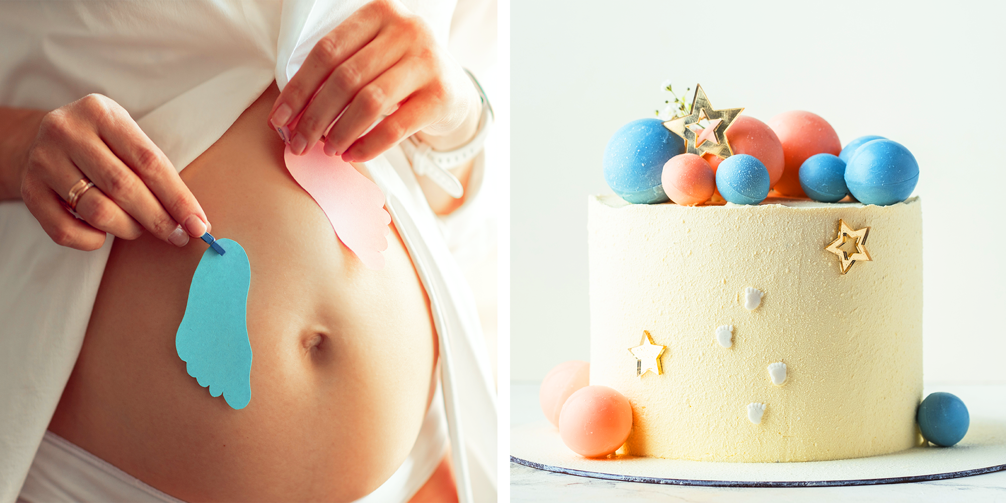 2 Panel image, Mother with blue and pink foot print papers and Gender reveal cake