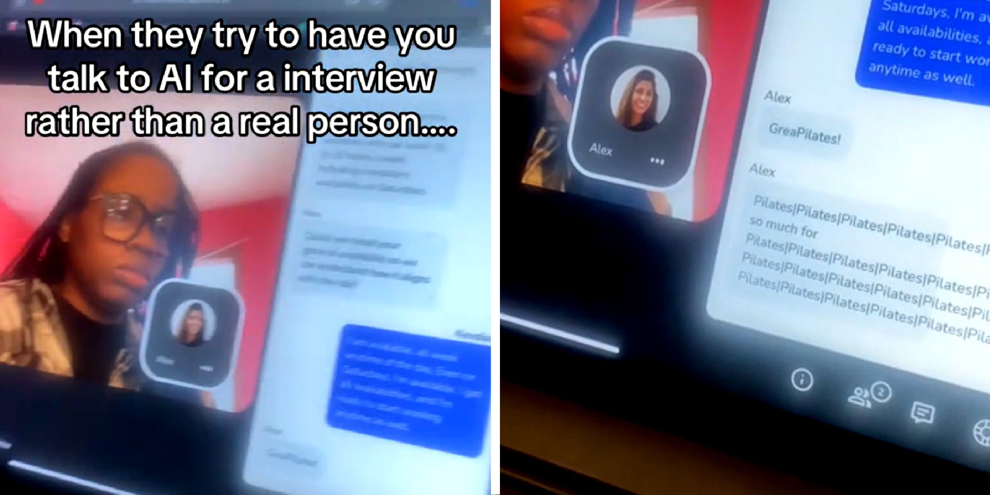 2 panel image: A person speaking with an online recruiting AI program. The image on the right shows a closeup of the meeting chat.
