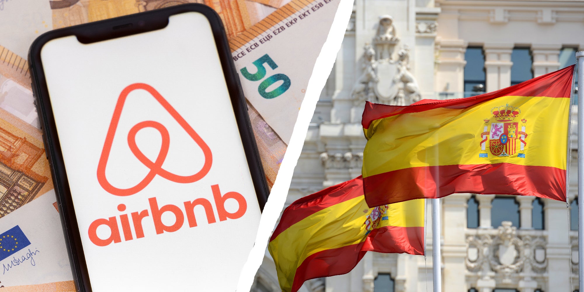 2 panel image showing the Airbnb logo and the flags of the Spanish government flying in Madrid, Spain.