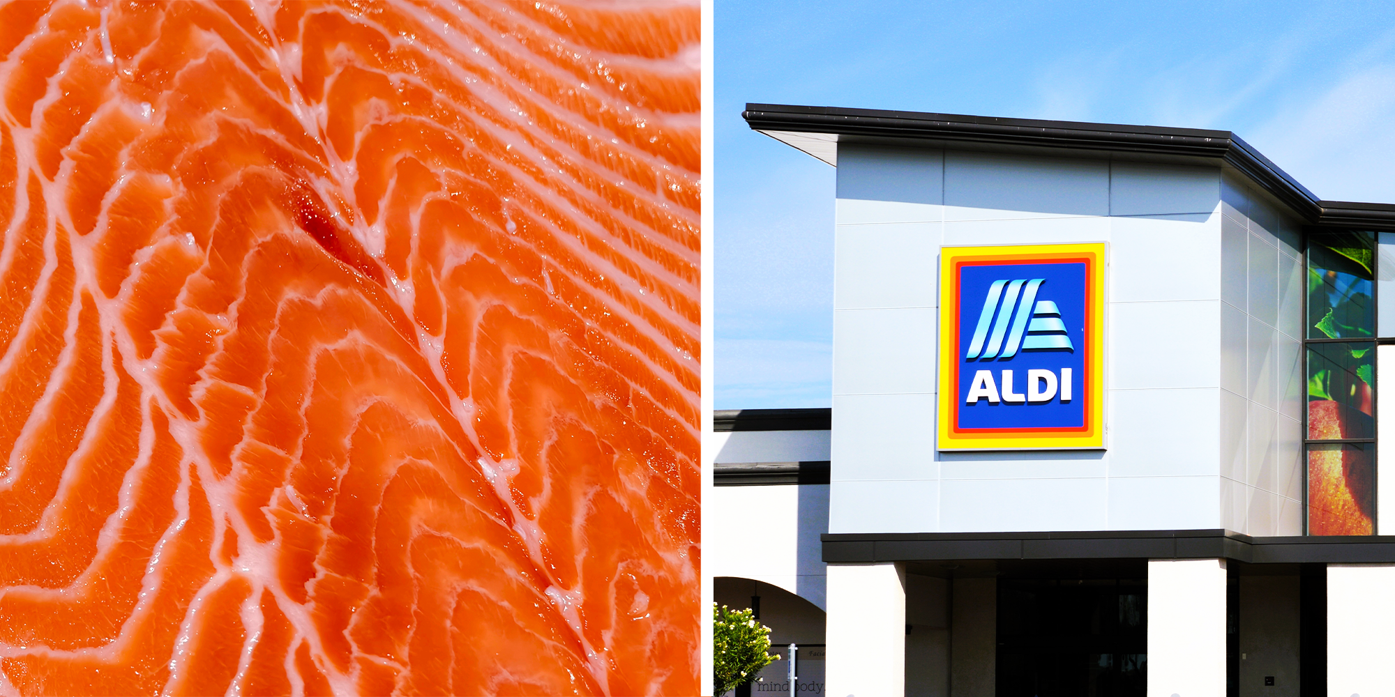 2 panel image of salmon and Aldi storefront