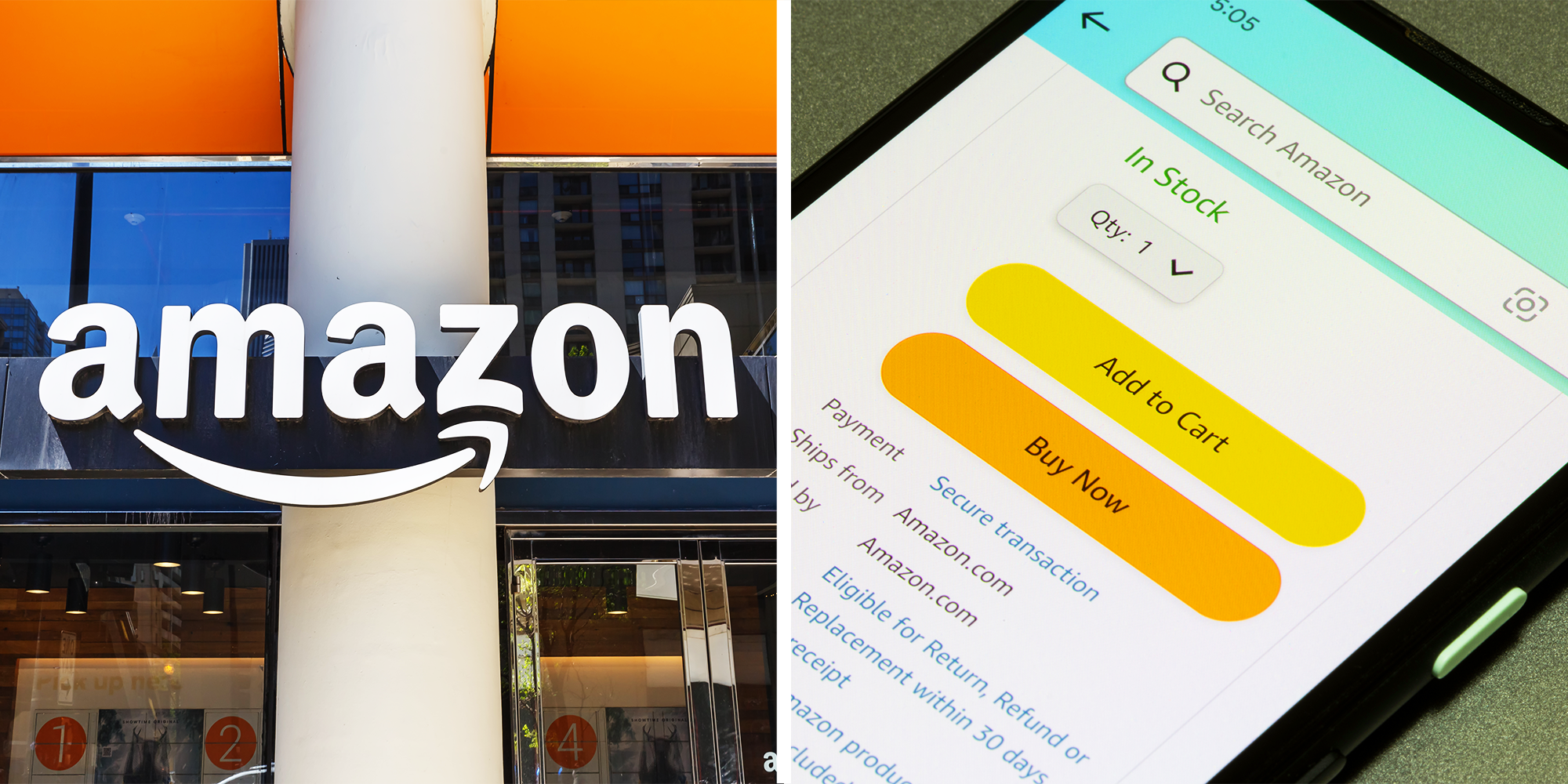 2 Panel Image of Amazon logo and Amazon website