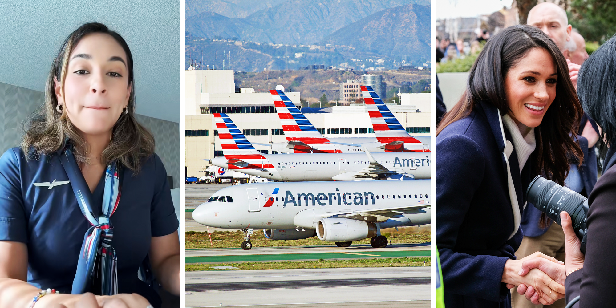 3 Panel image of American airline flight attendance, American airline plane, and megan markle