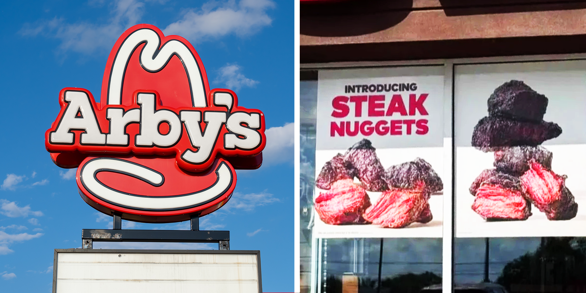 2 Panel image of Arby's Logo and New menu item poster on window