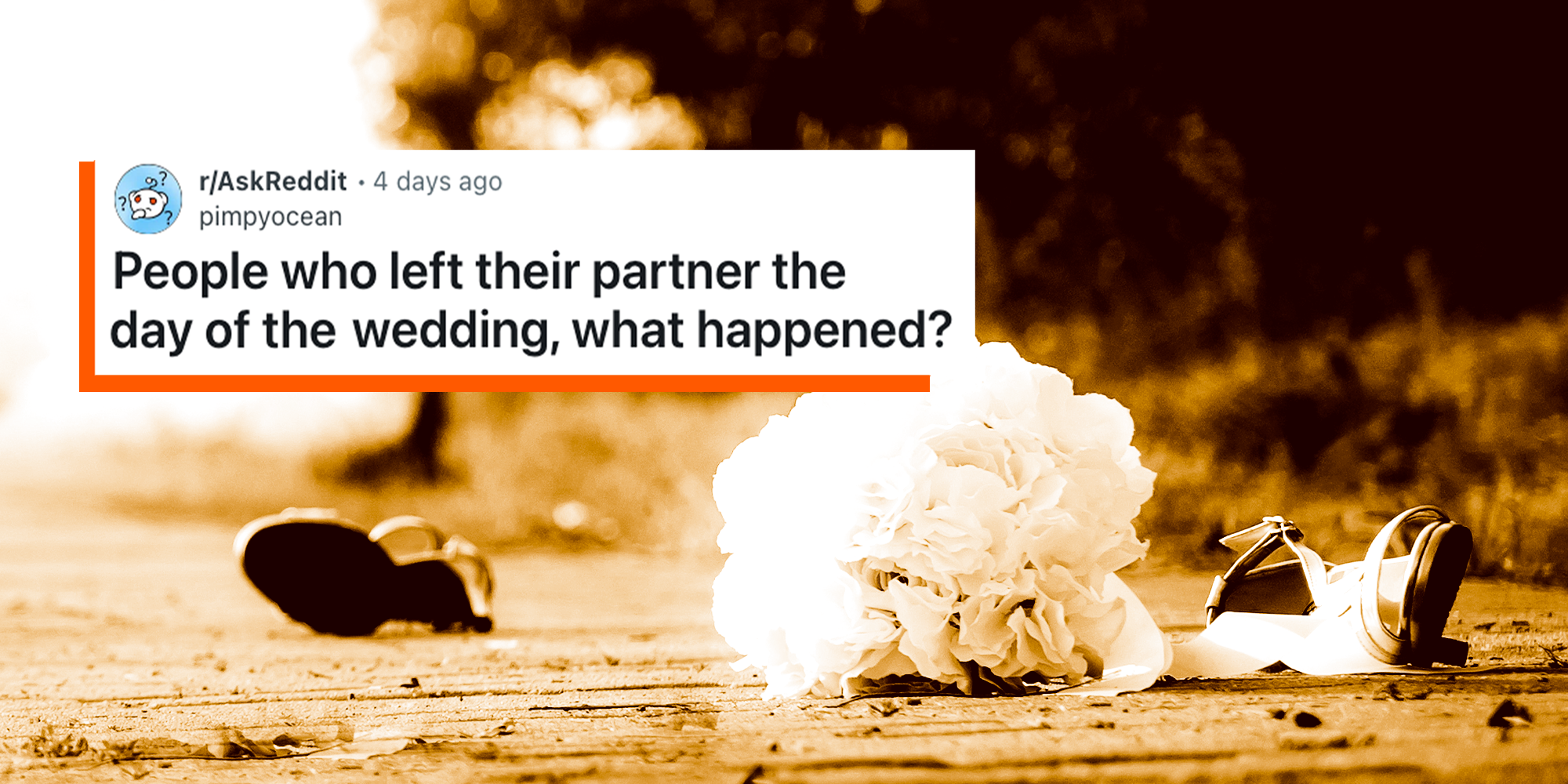 image collage of reddit caption and flowers and shoes abandoned on the road