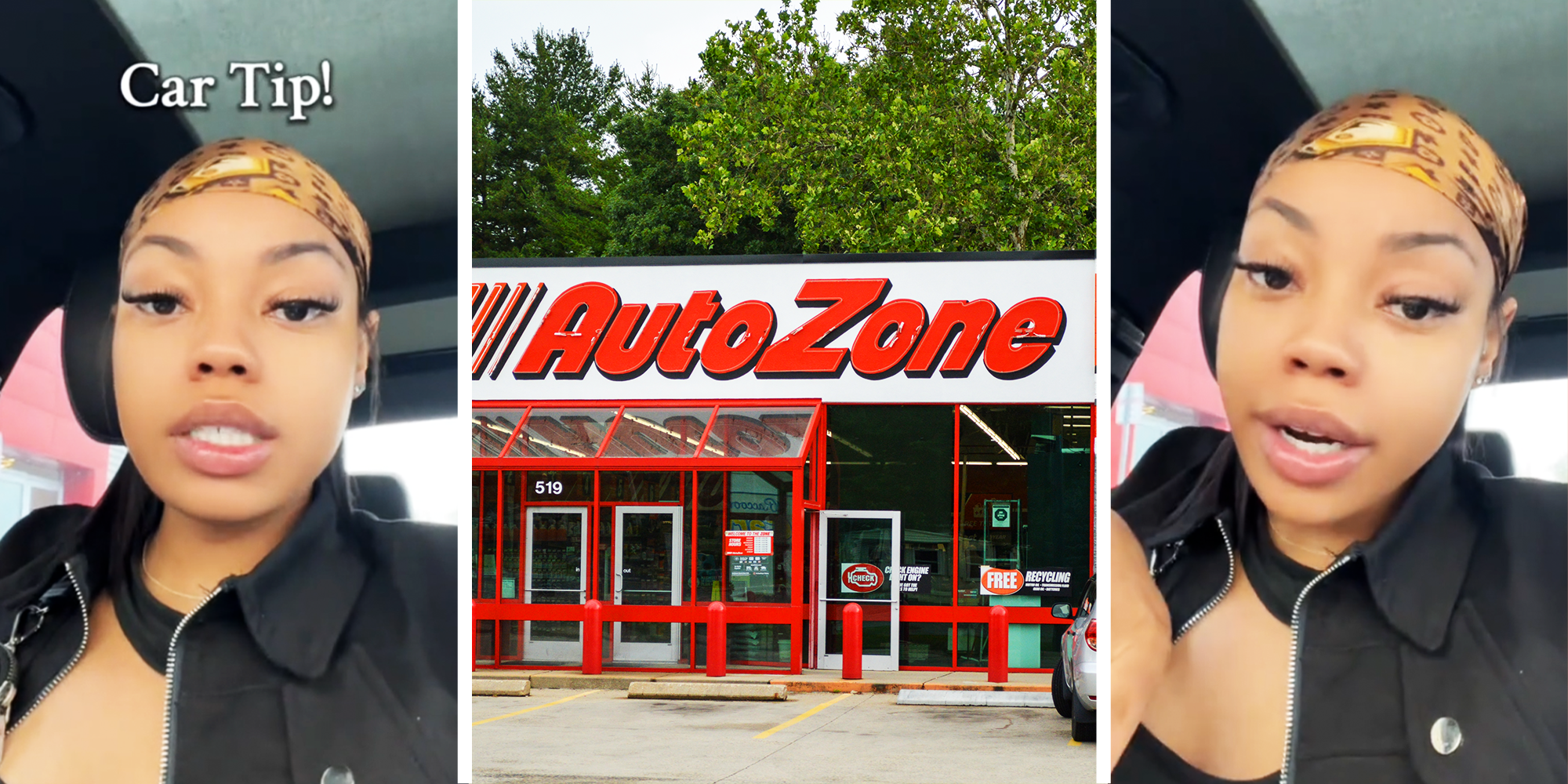 3 Panel Image, Woman in her car and Autozone Store front