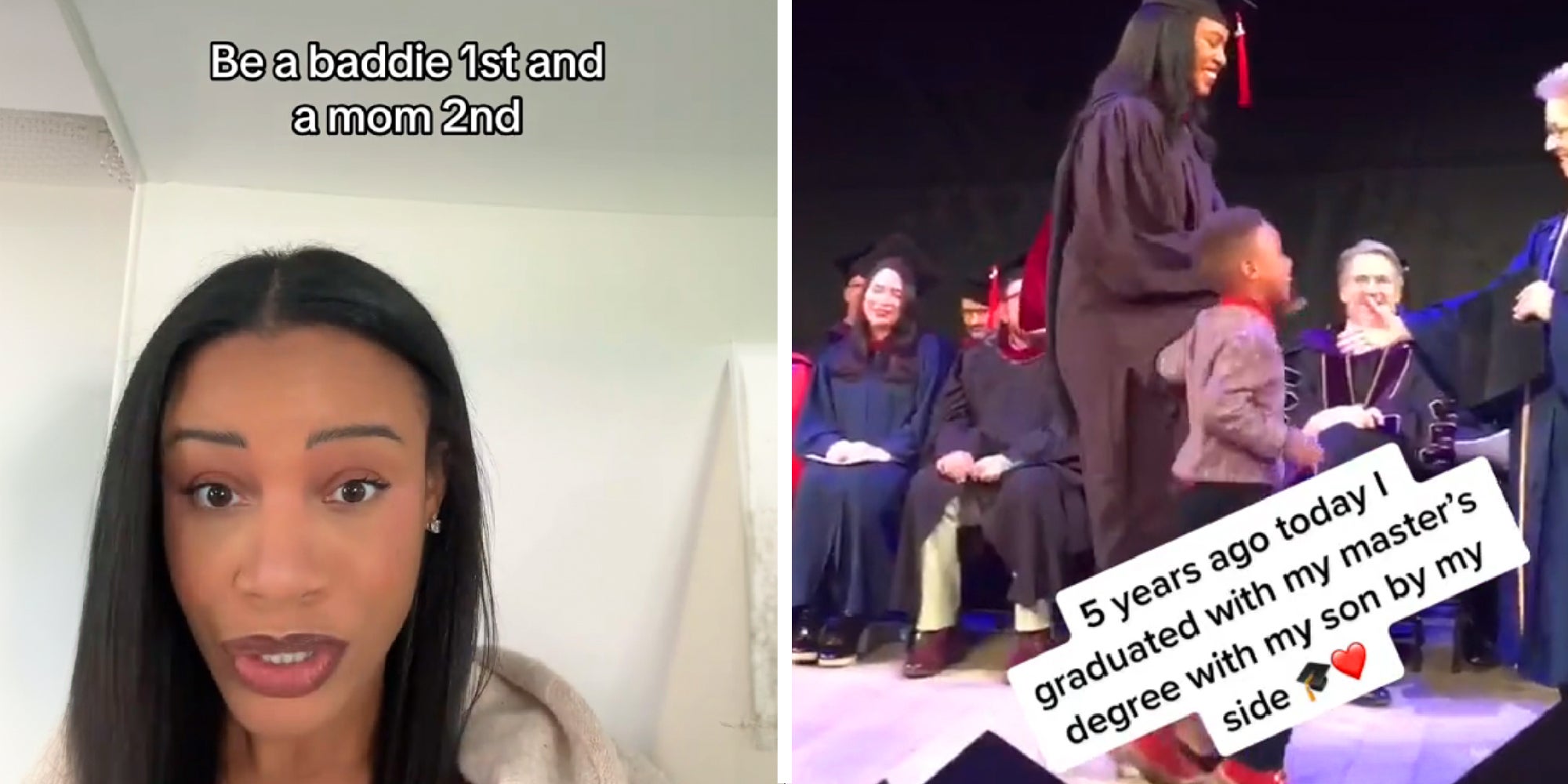 2 panel image of person explaining and a person graduating.