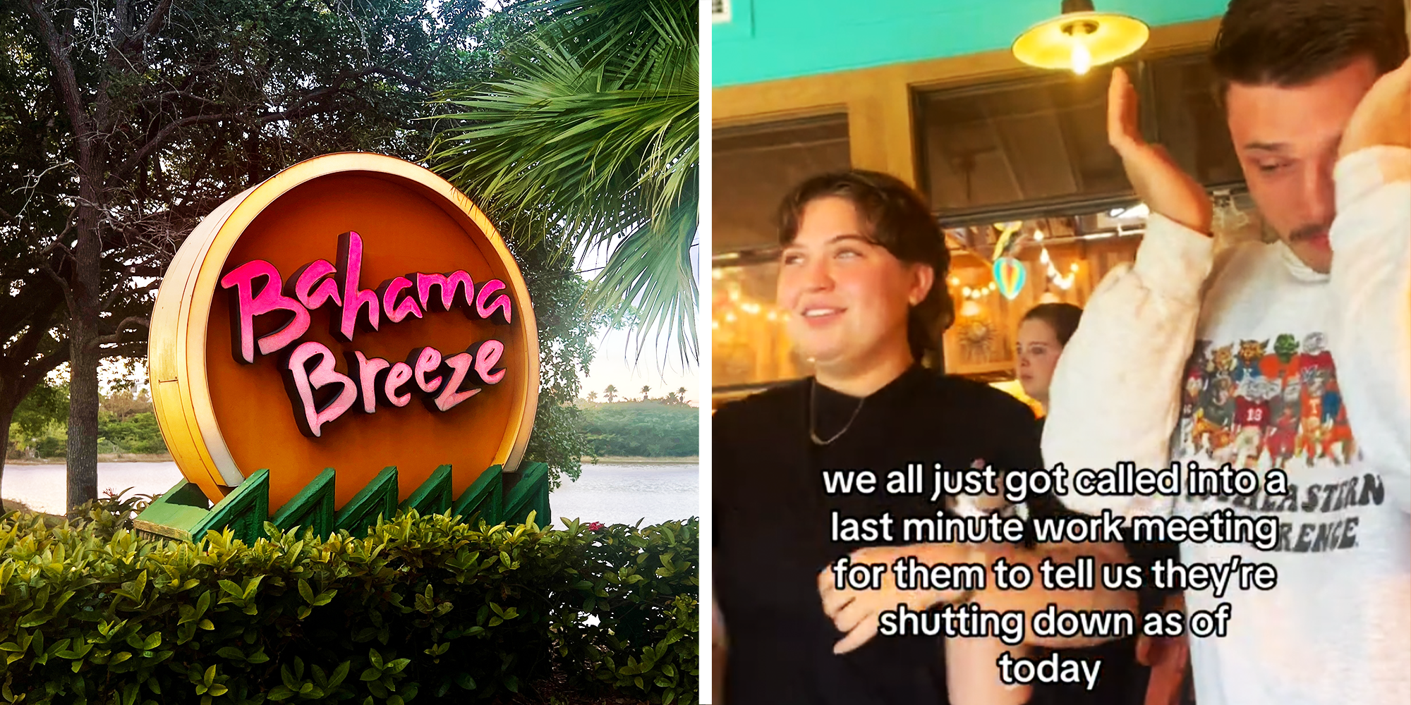 2 Panel Image, Bahama Breeze Signage, and employees crying