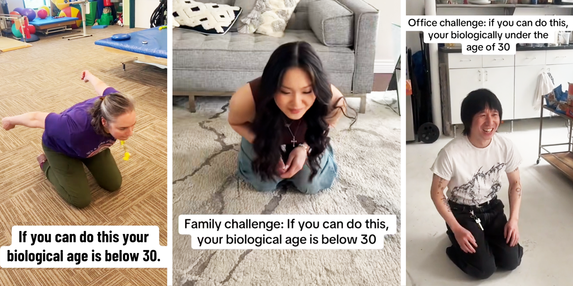 3 Panel Image, 2 women on their knees looking ahead, and a man on his knees sitting on the floor