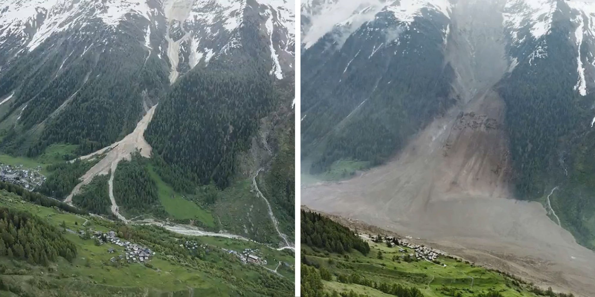 2 panel image showing the Blatten Switzerland before and after a major avalanche.