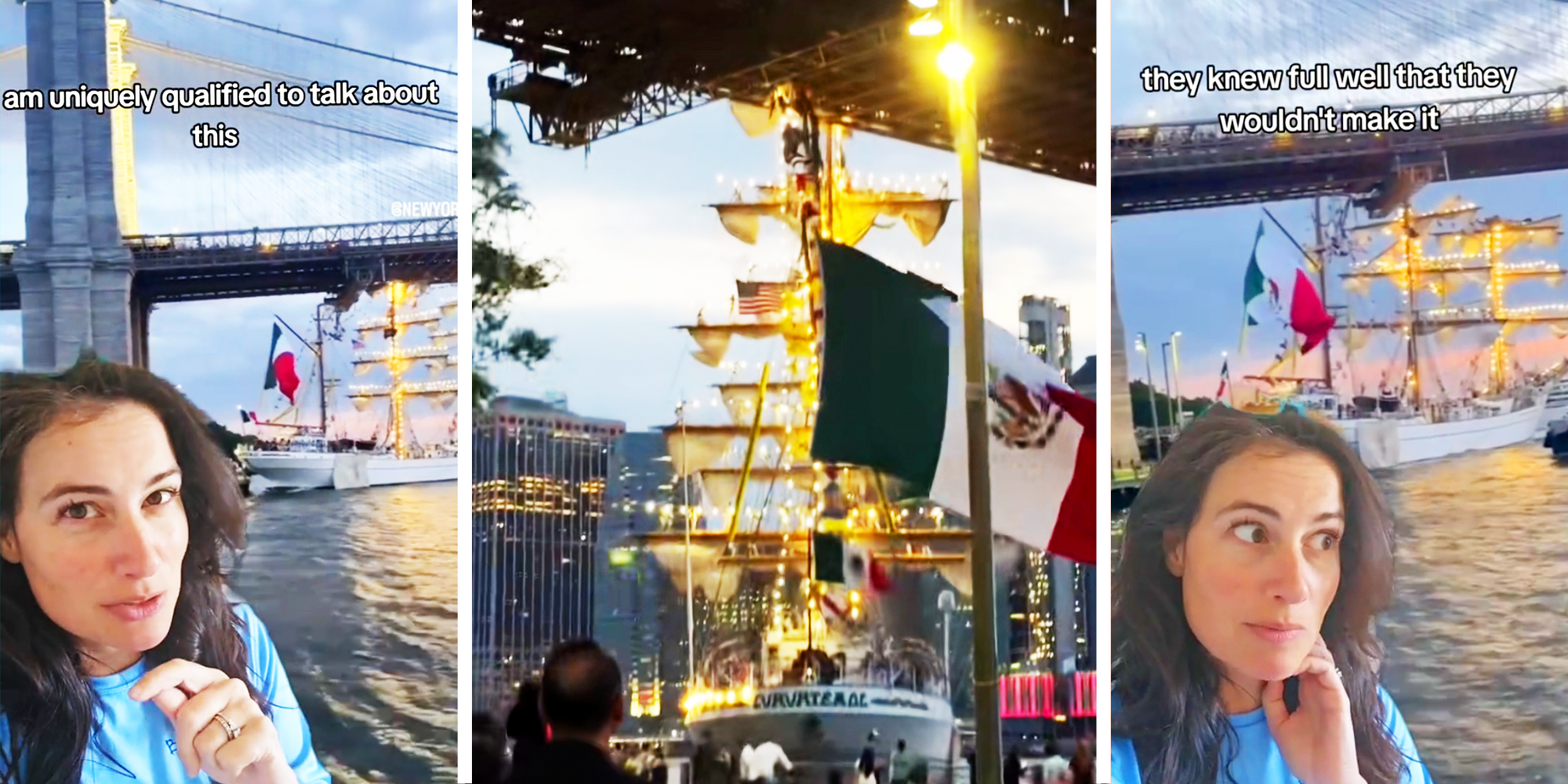 3 Panel Image, of ship moving into brooklyn bridge and collage of woman in front of the image