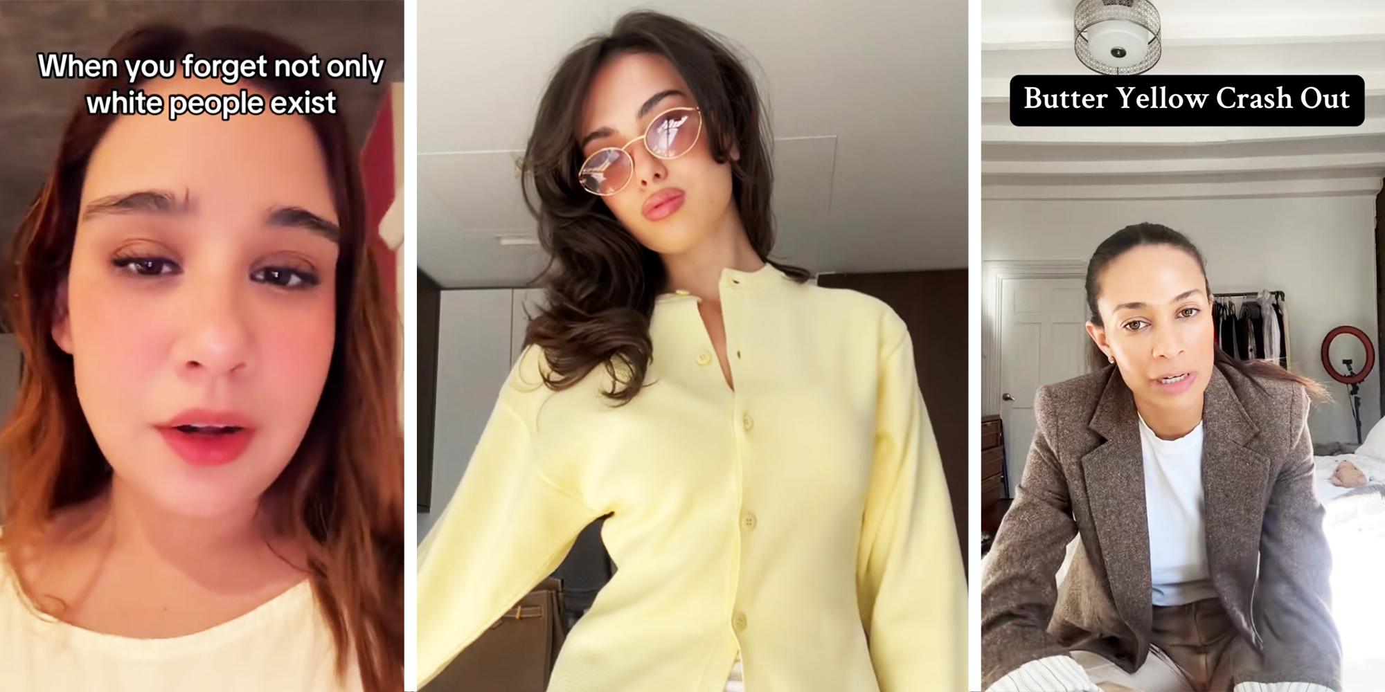 3 Panel Image off Woman up close, Woman wearing Butter Yellow cardigan and Woman with blazers on sitting on her bed