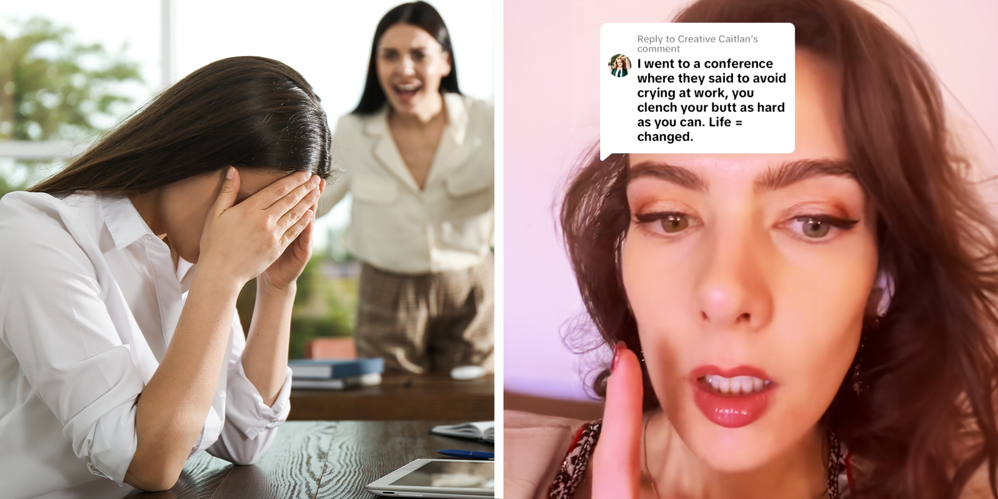 2 Panel image of women stressed at work covering her face and women with brown hair