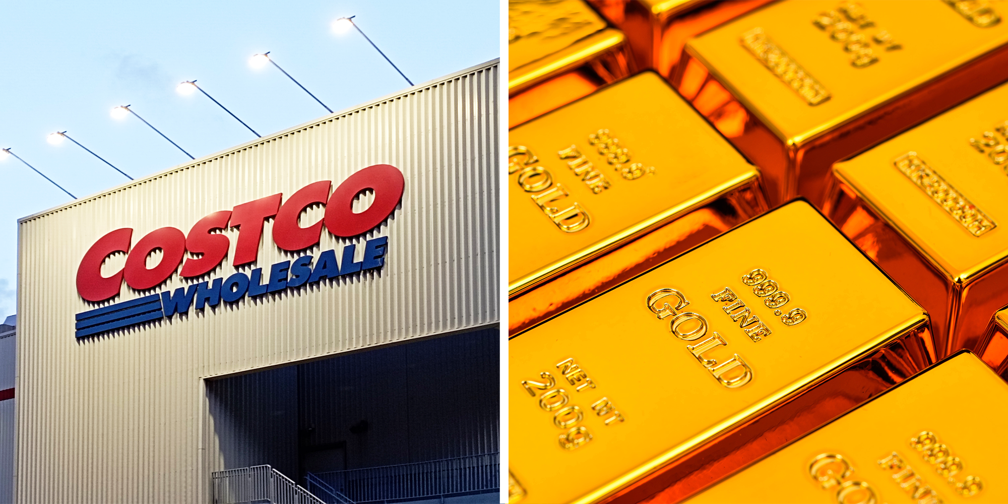 2 Panel Image, Costco store front and gold bars