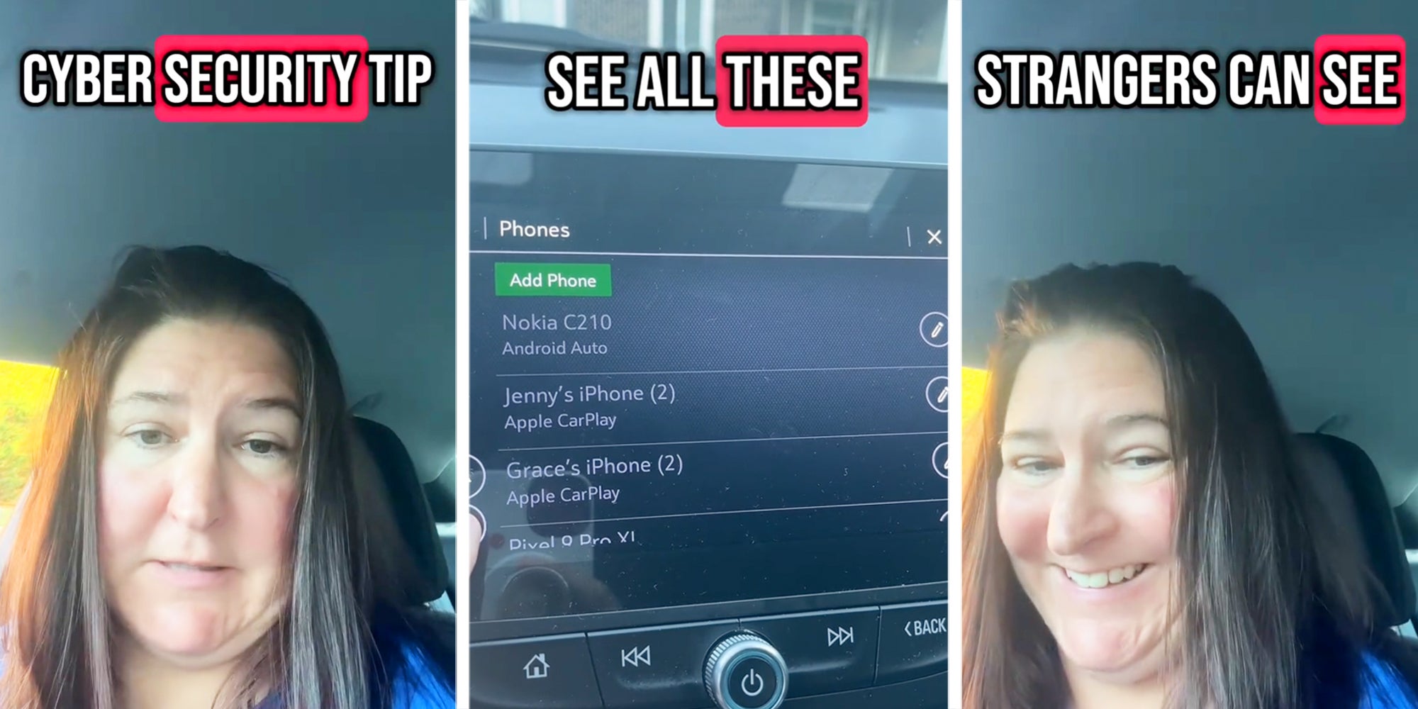 Three panel image with woman talking on sides and car dashboard in center.