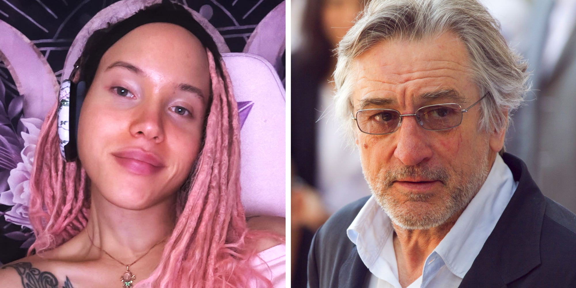 Two panel image with Robert De Niro on right and his trans daughter on left.
