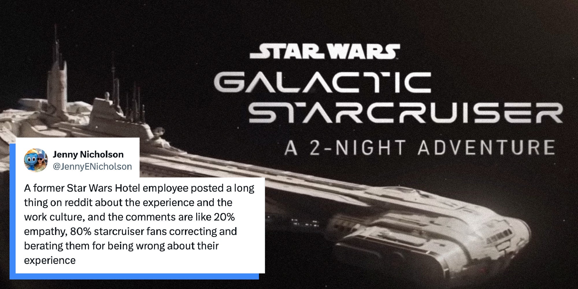 A still from a promotional video advertising a Star Wars themed hotel, with a screengrab of a social post, over it.