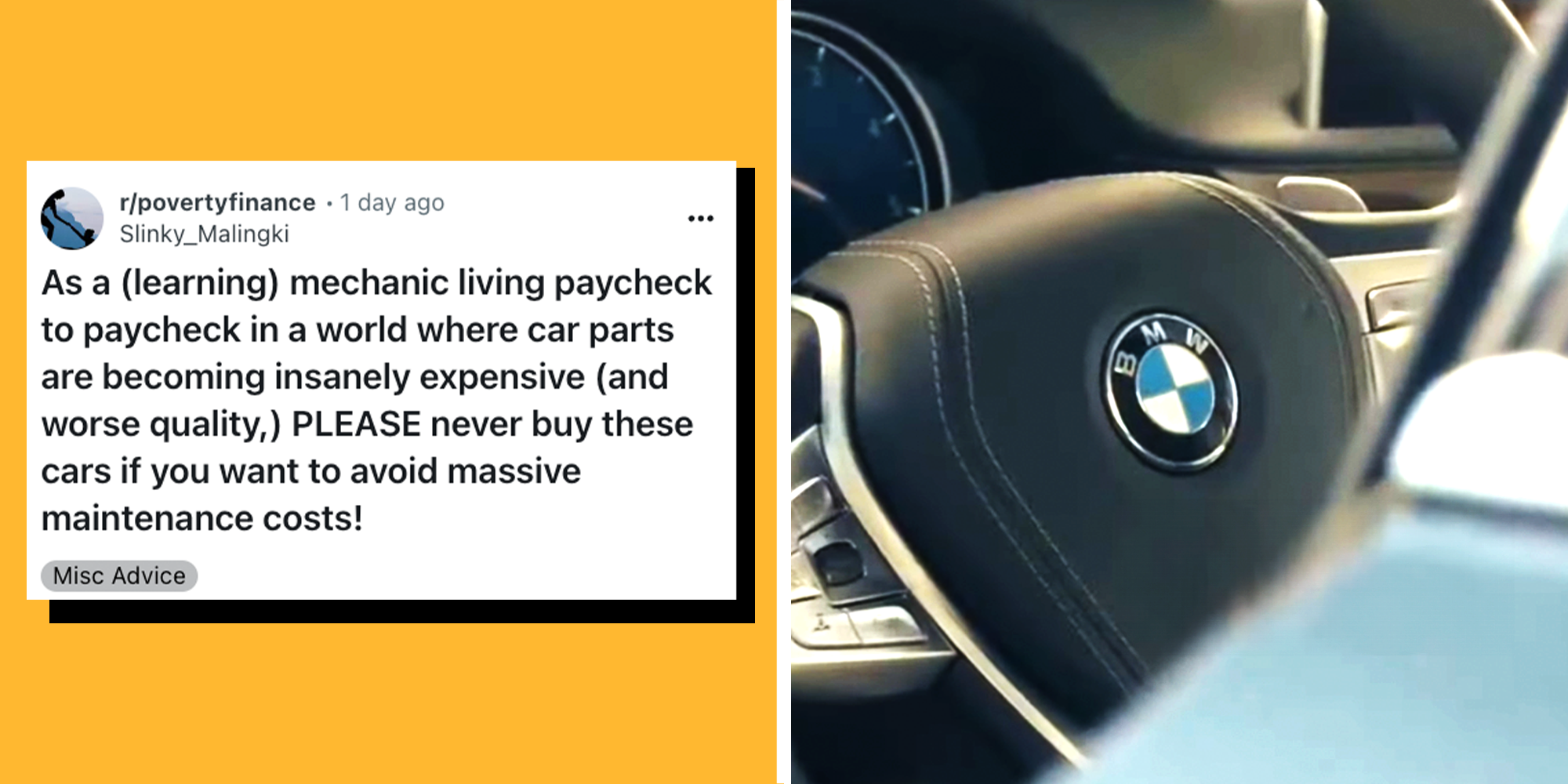 2 Panel Image of Reddit caption and BMW steering Wheel