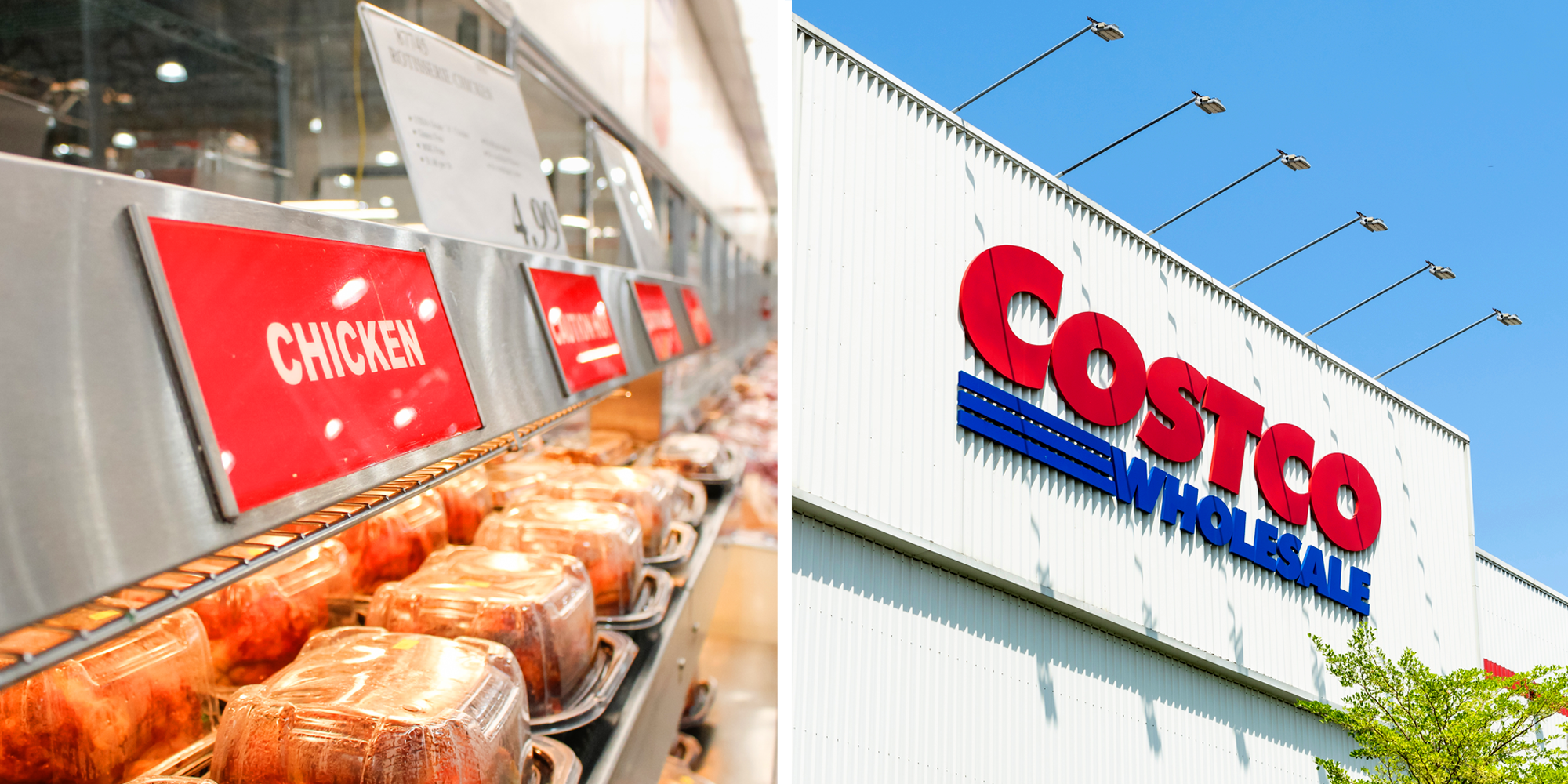Split screen with packages of Costco chicken on left and Costco storefront on right.