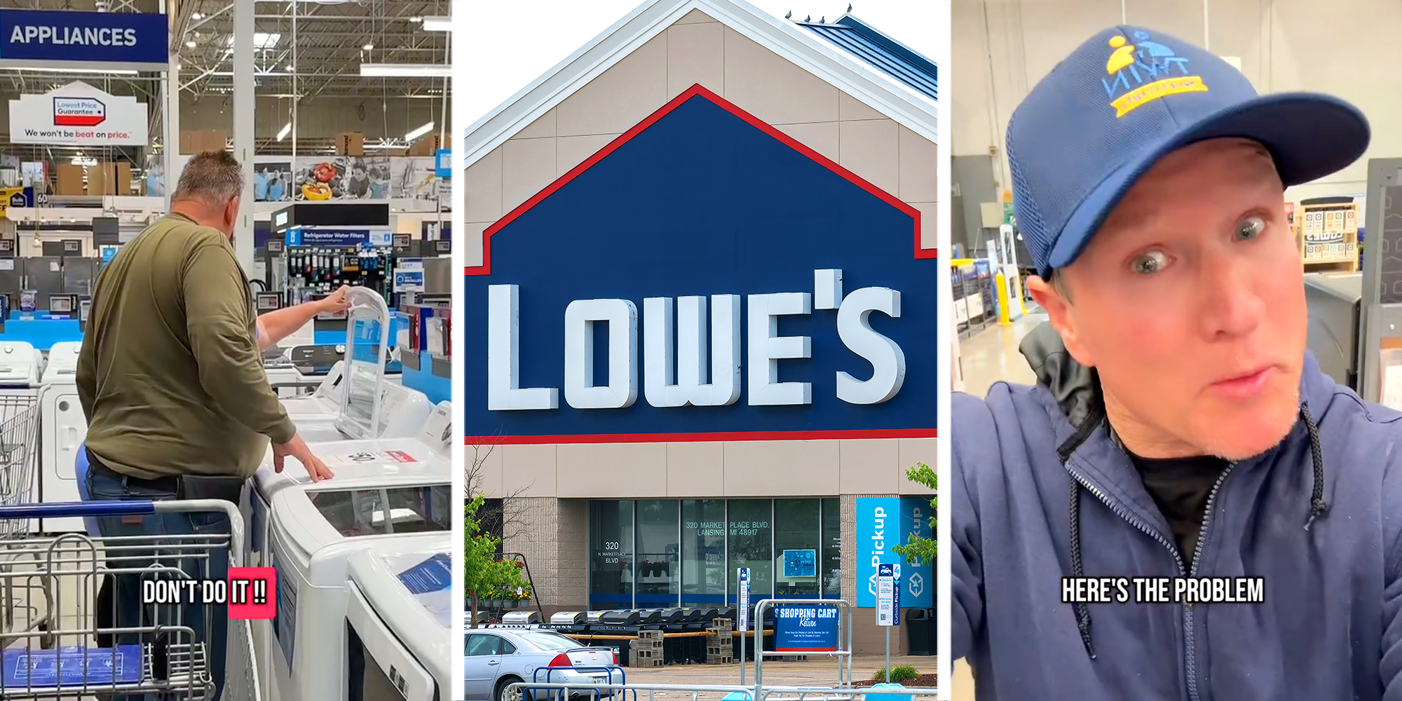 Three panel image with shoppers looking at appliances on left, Lowes storefront in center and man talking to camera on right.