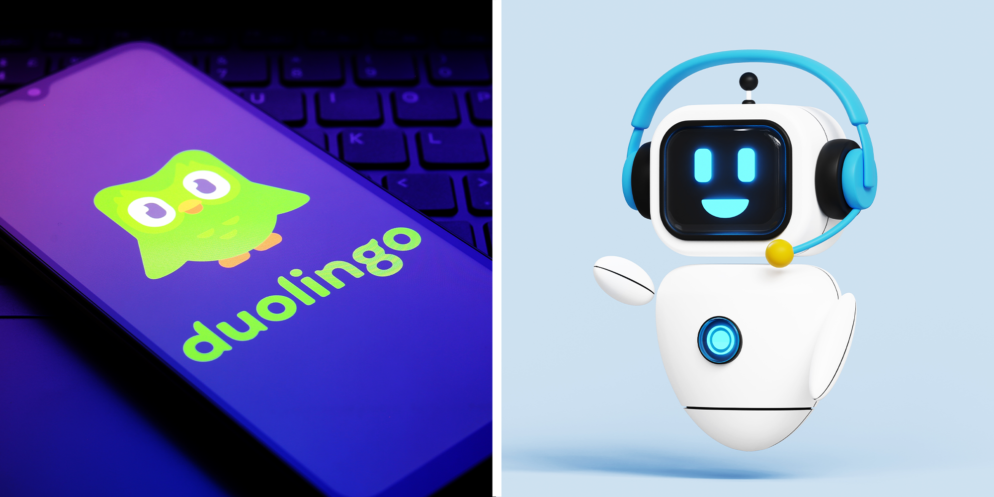 2 Panel image of duolingo on phone and ai bot character