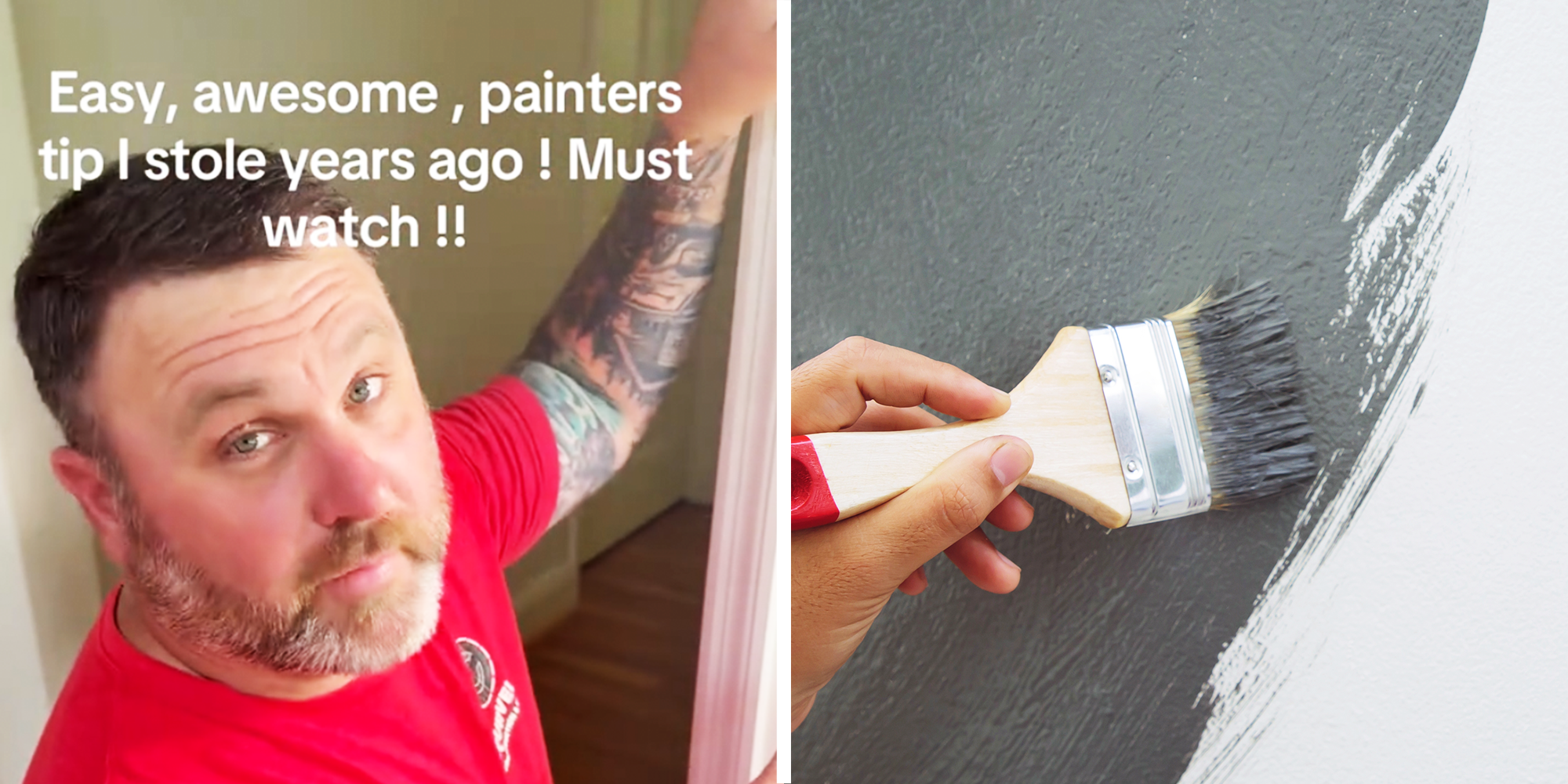 2 Panel image of man wearing red shirt and person painting wall with brush