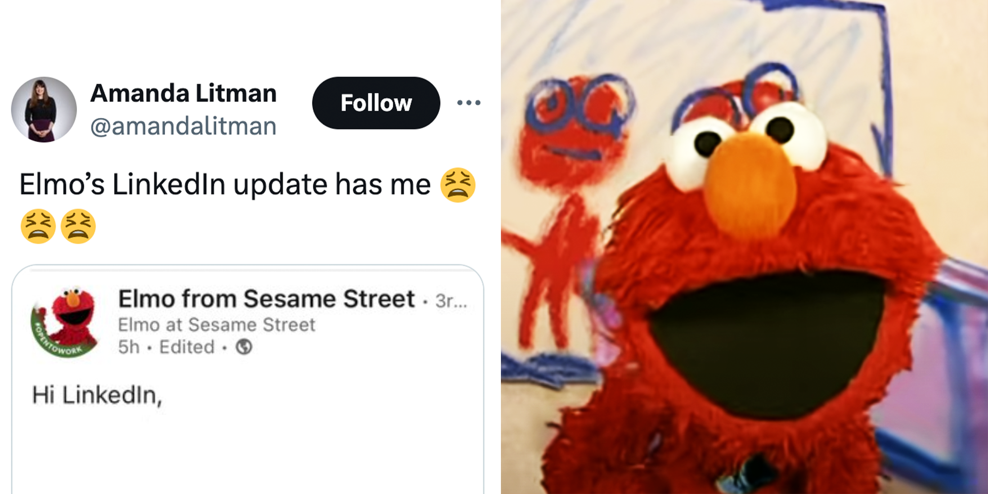 2 Panel Image, Caption from X and Elmo the puppet smiling