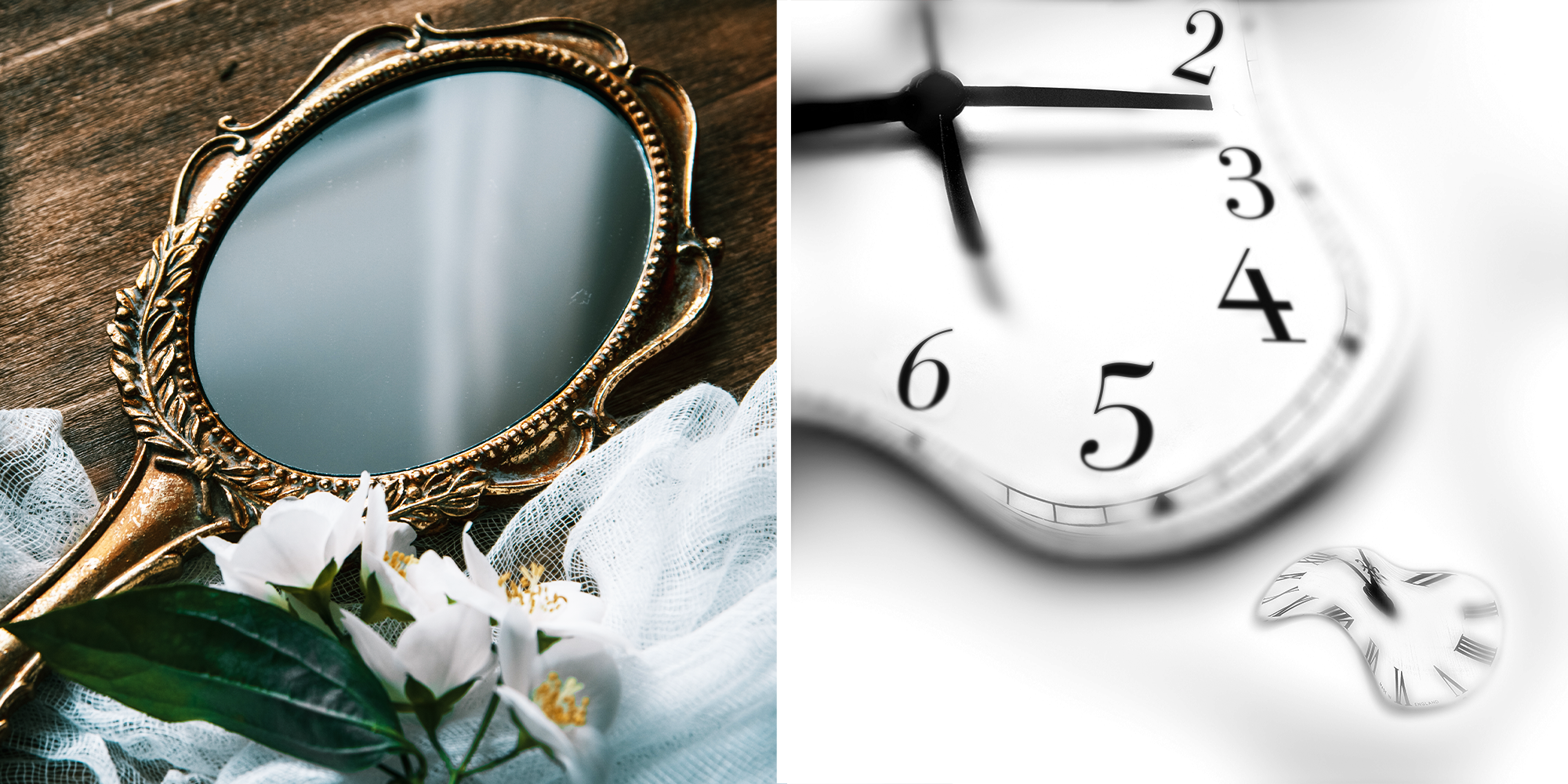 2 Panel image of decorative mirror and melting clock