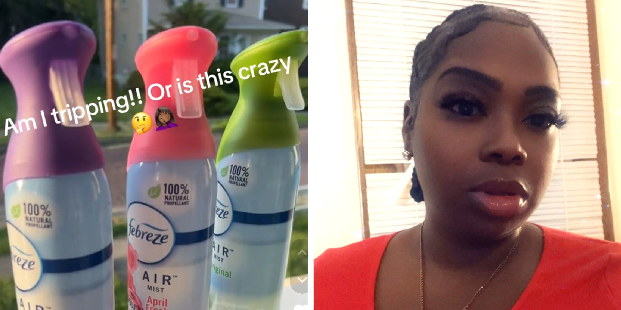 2 panel image, on the left is 3 bottles of Febreeze air mist spray in various scents. On is a photo of the TikTok poster.