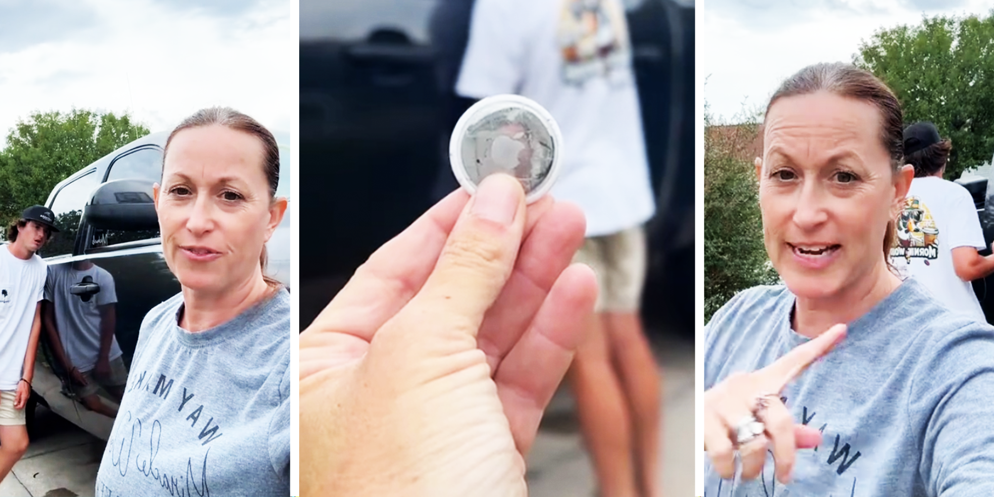 3 Panel image, woman with slick back hair, and woman holding a apple tracker