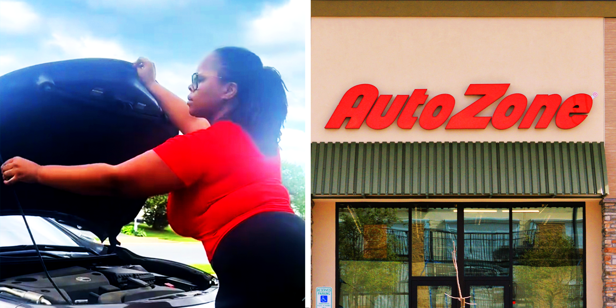 2 Panel Image of woman opening the hood of the car and Autozone store front