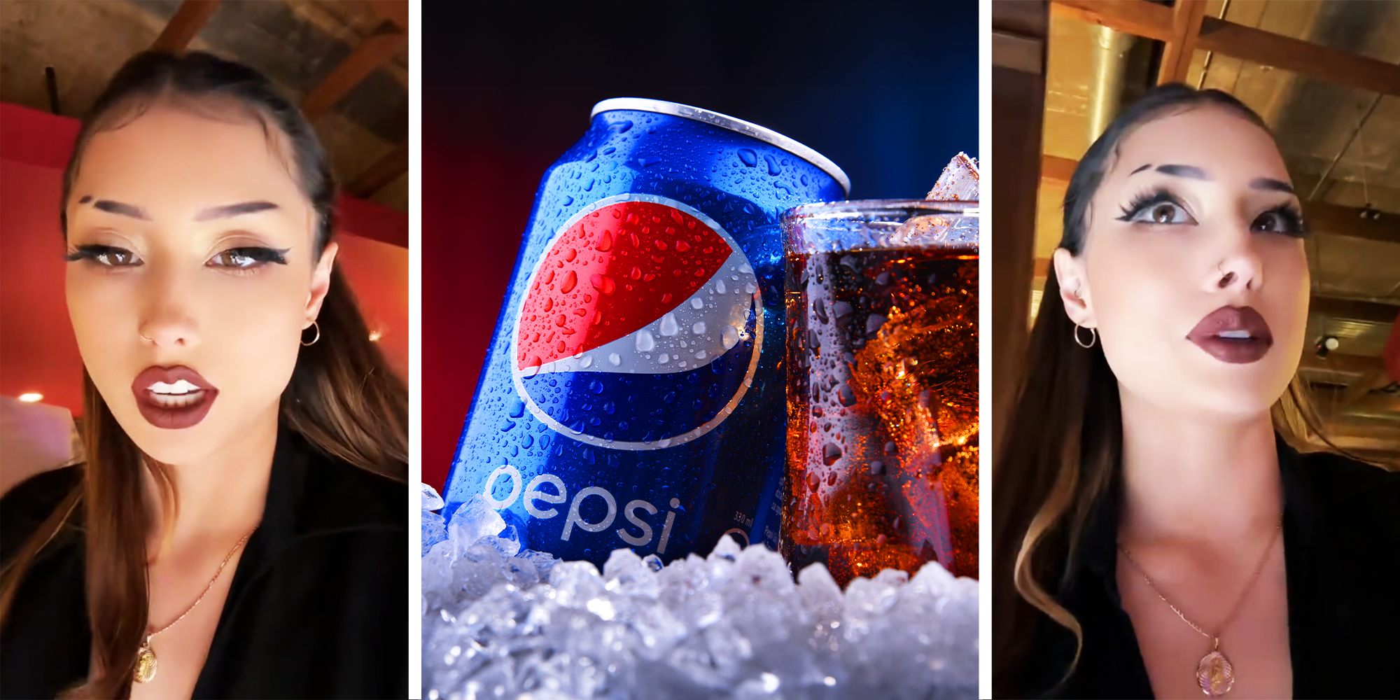 3 Panel Image of a girl with dark red lipstick and Pepsi can and cup sitting on piles of ice