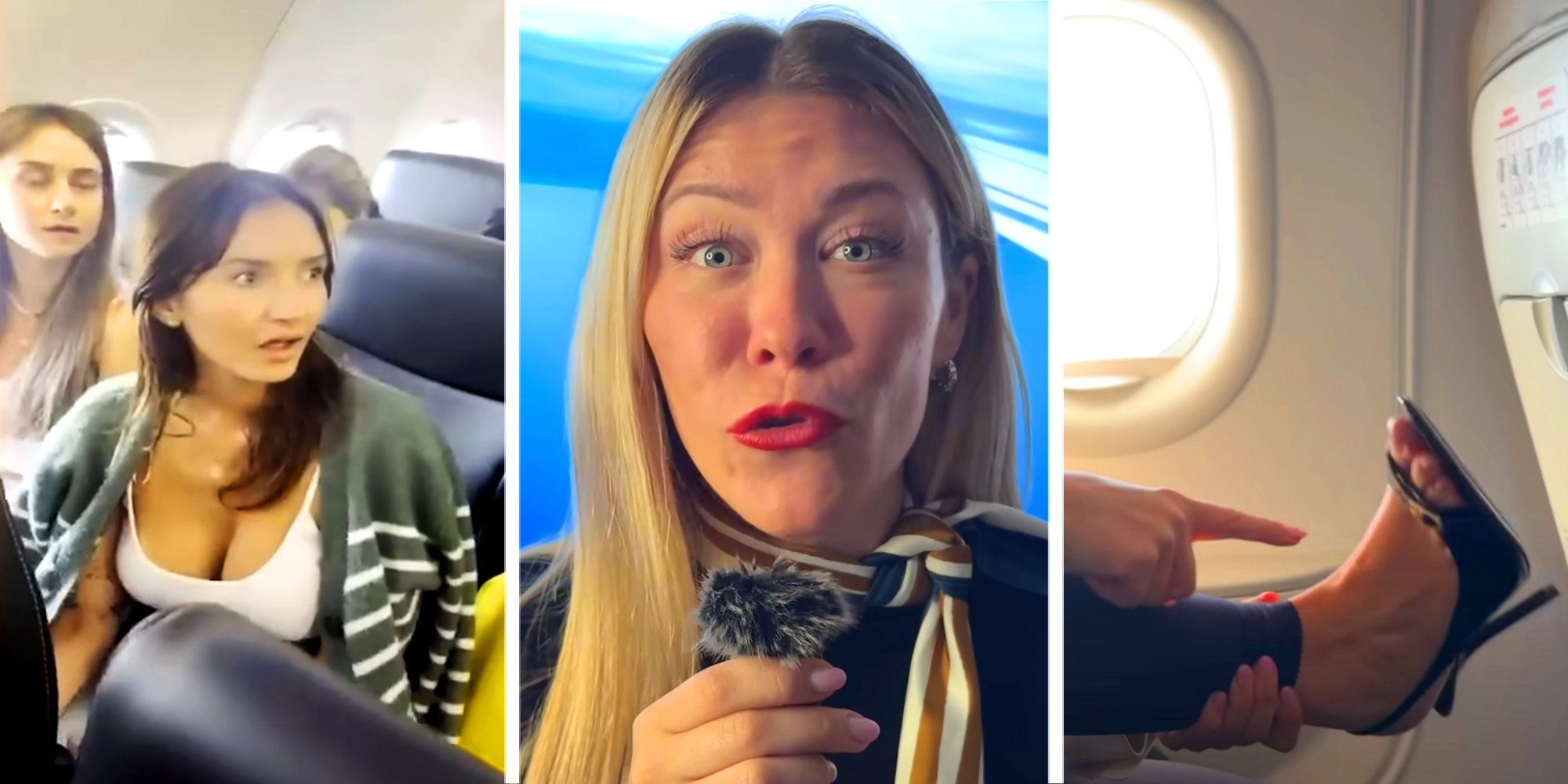 Three panel image with young women seated in airplane on left, flight attendant talking to camera in center and woman pointing at high heeled shoe on right.