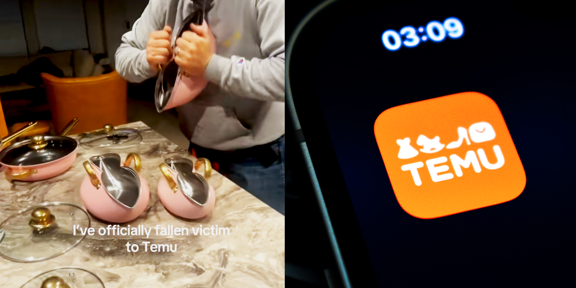 2 panel Image, Man Folding Pots and Temu App on iphone